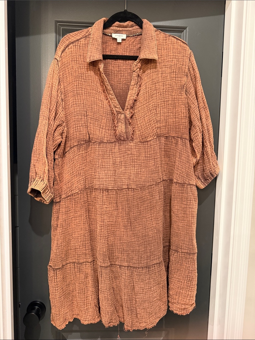 Umgee Rust Gauze Dress - Relaxed Collar V-Neck